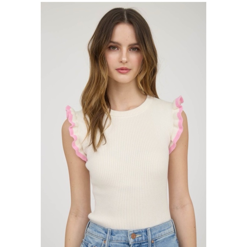 Cream with Pink Edge Ruffle Top - Picture 2 of 6